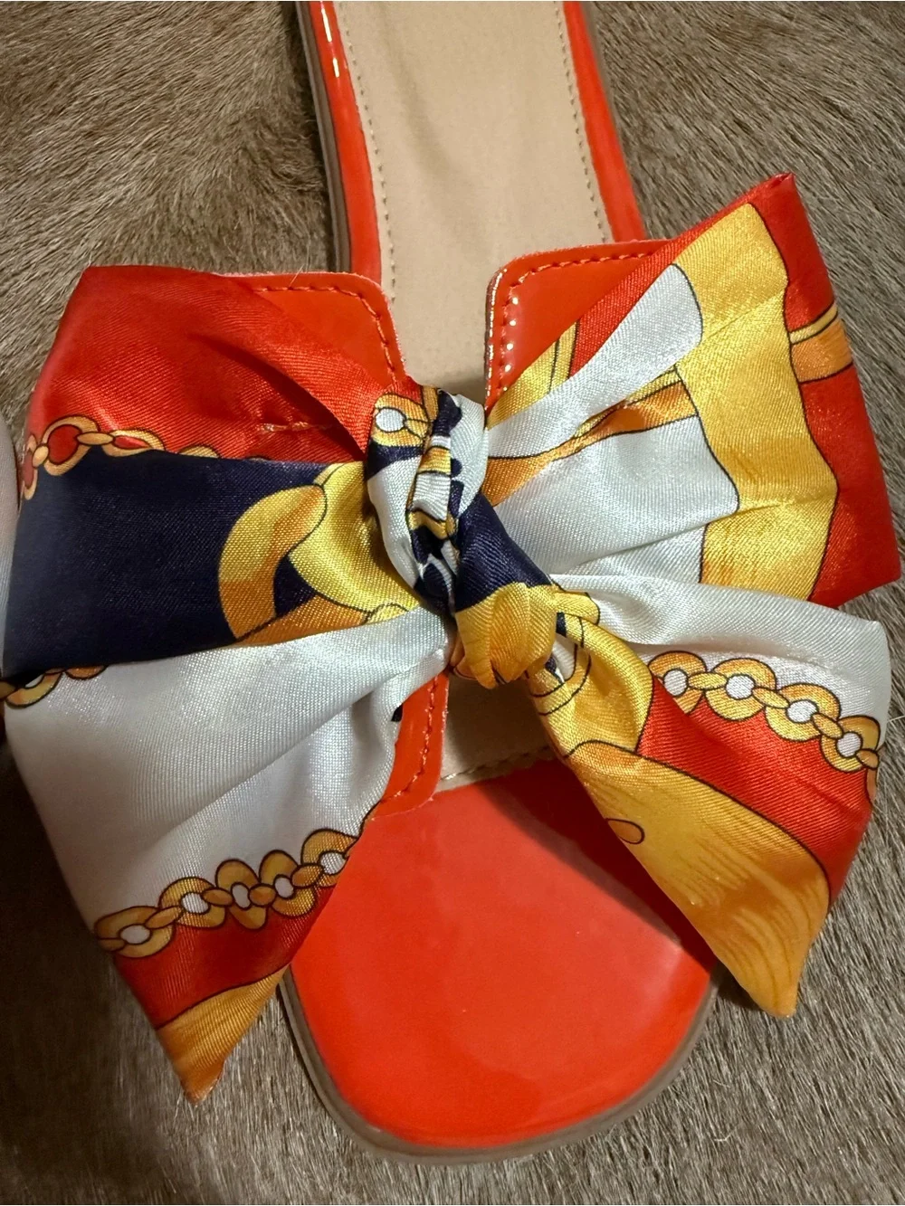 Never worn - Women’s Orange Bow Slide Sandals/Slides with Printed Scarf Accent